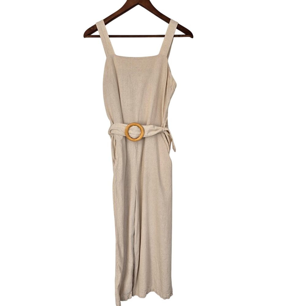Minimalist Beige Linen Blend Square Neck Jumpsuit Wide Leg Belted Pockets Size M